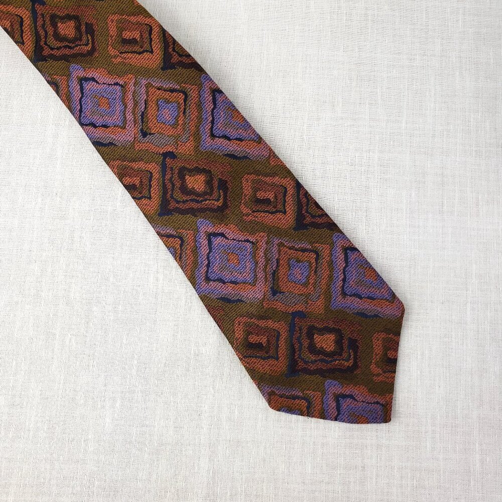 Oleg Cassini Wide Tie Vintage Brown Purple Orange Squares Woven Wide 70s